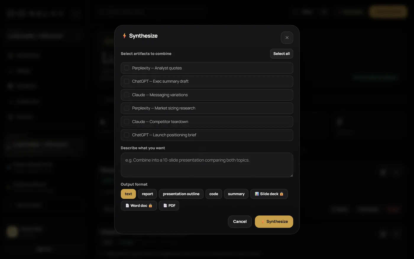Relay “Synthesize” dialog selecting approved artifacts and an output format.